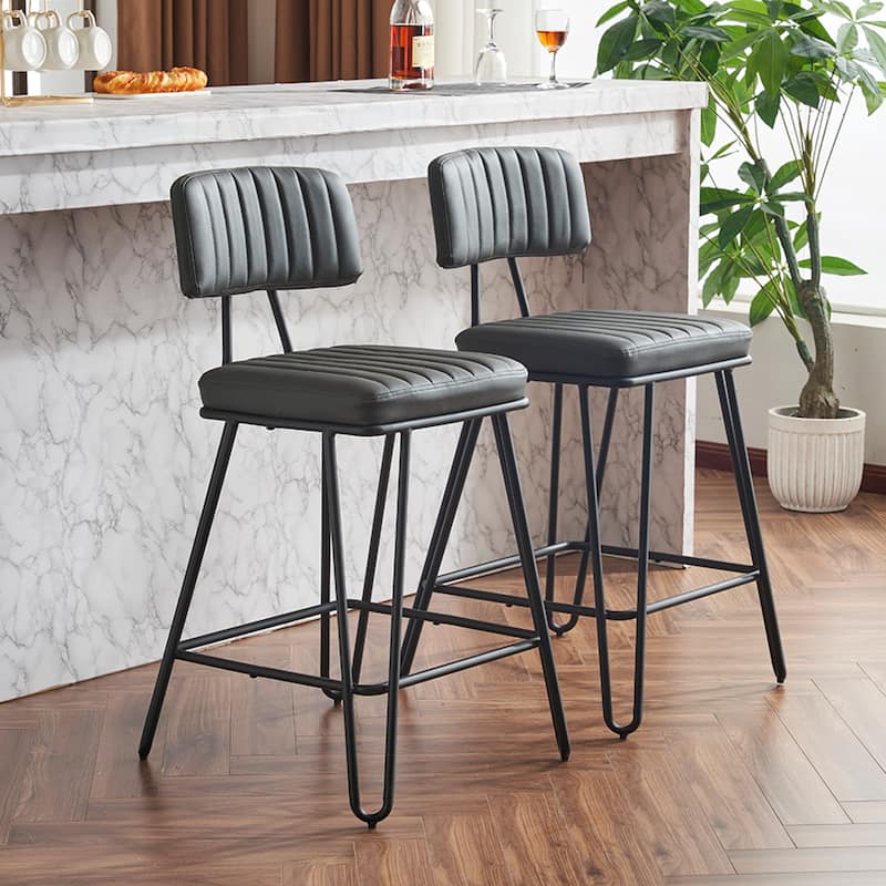 Industrial Bar Stools Set Of 2,Chairs With Pu Leather Upholstery Metal Frame, Vintage Bar Chairs With Backrest Footrest