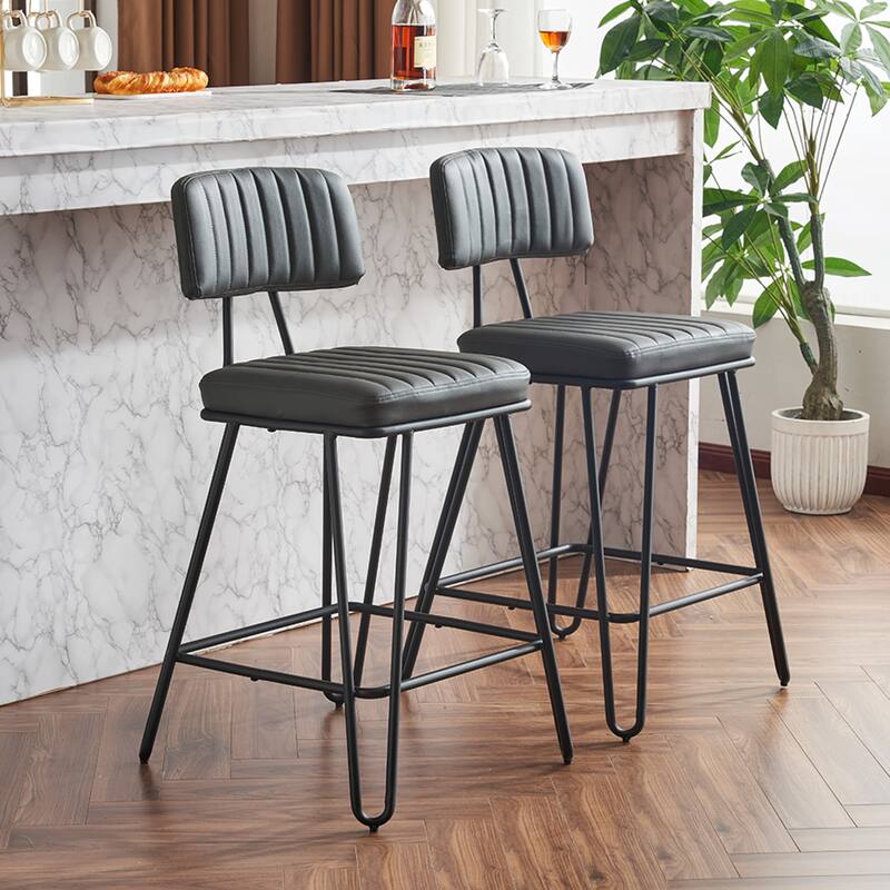 Industrial Bar Stools Set of 2, Counter Height Chairs with PU Leather Upholstery & Metal Frame, Backrest & Footrest