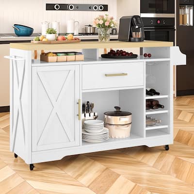 Moasis 47" Wide Mobile Kitchen Island Cart with Wine Storage Cabinet and Drawer&Power Outlet