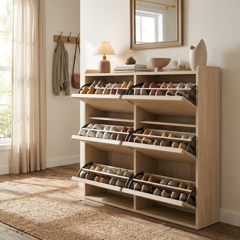 Narrow Shoe Cabinet Organizer with 6 Flip Drawers for Entryway, Hallway, Living Room - Khaki