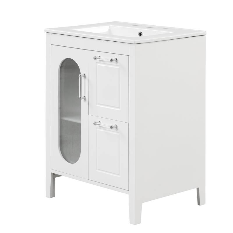 Roomfitters 24" Bathroom Vanity with Sink, Solid Wood Frame & Moru Glass Door, 2 Drawers & Adjustable Shelf