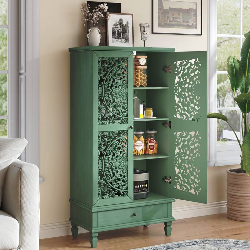 Tall Storage Cabinet with Drawer, Decorative 2-Door Carved Wood Accent Cabinet