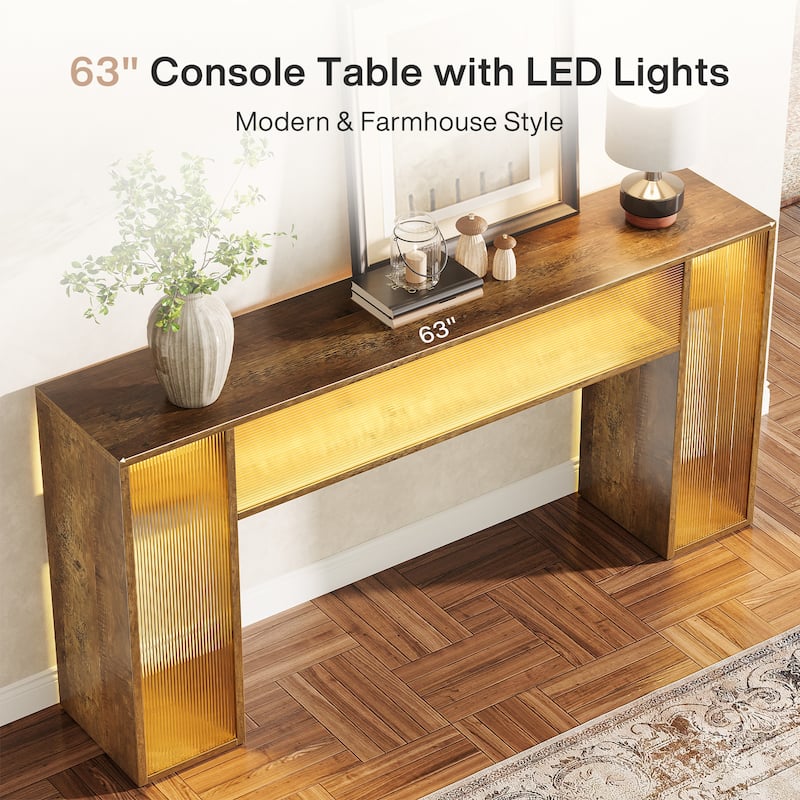 63 Inches Farmhouse Console Sofa Table with LED Lights for Entryway - 62.99" W x 11.81" D x 33.07" H