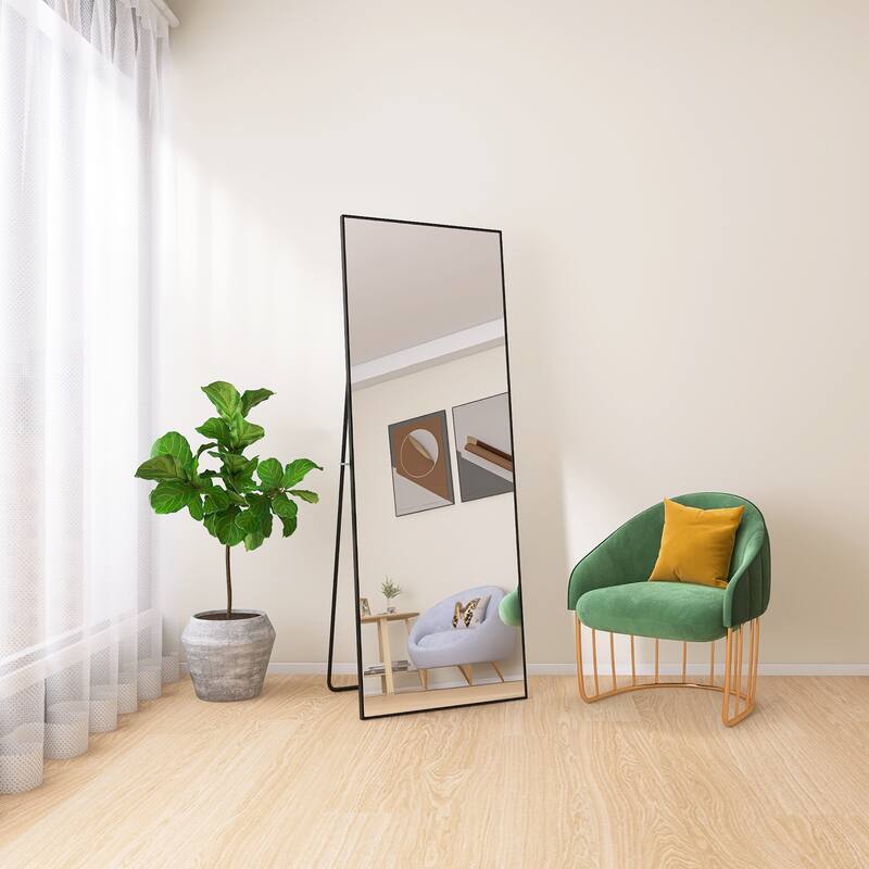 Tempered mirror 64" x 24"Tall Full Length Mirror with Stand,Wall Mounting Full Body Mirror,Metal Frame Full-Length Mirror - Black