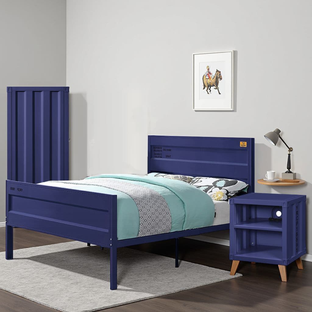 Dua Three Pc Full Bedroom Set, Recessed Panel Pattern, Industrial Style, Blue Metal