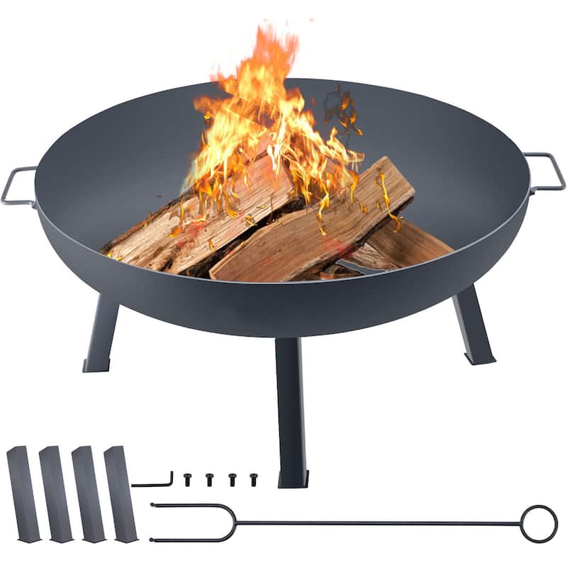 34" Outdoor Fire Pit Bowl, Carbon Steel Wood Burning for Patio & Camping - 33.5" x 9" x 16"