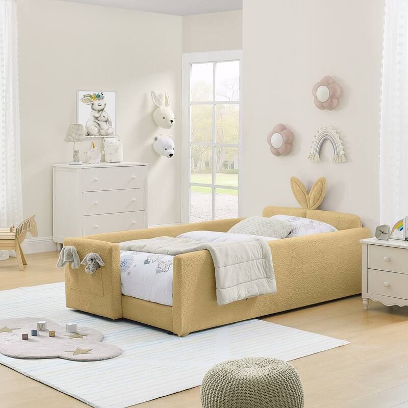 Twin Upholstered Platform Bed with Bunny Ear Headboard, Safety Rail & Pocket in Boucle Fabric
