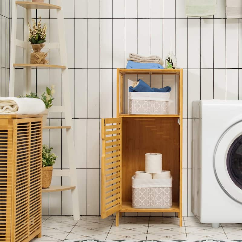 Costway Bamboo Bathroom Storage Floor Cabinet w/Door and Shelf Corner