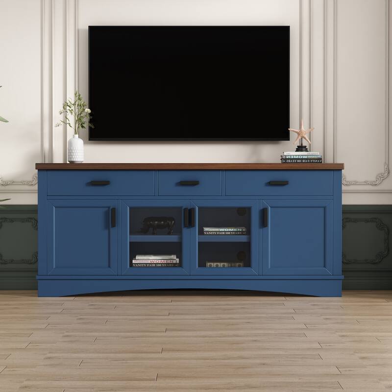 Modern Blue TV Console, 67" Width TV Stand, Glass Doors & Storage Drawers, Adjustable Shelves - Blue