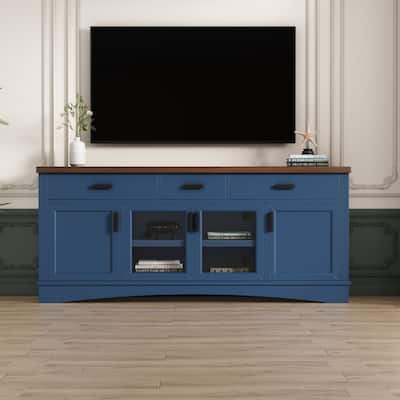 Modern Blue TV Console, 67" Width TV Stand, Glass Doors & Storage Drawers, Adjustable Shelves