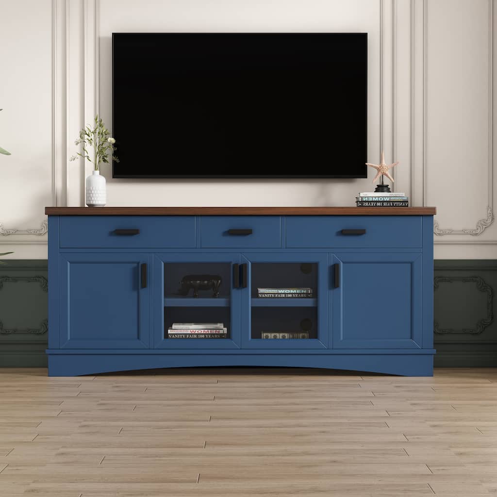 Roomfitters 67 Inch TV Stand with Glass Doors and Storage Drawers, Modern Entertainment Console with Adjustable Shelves