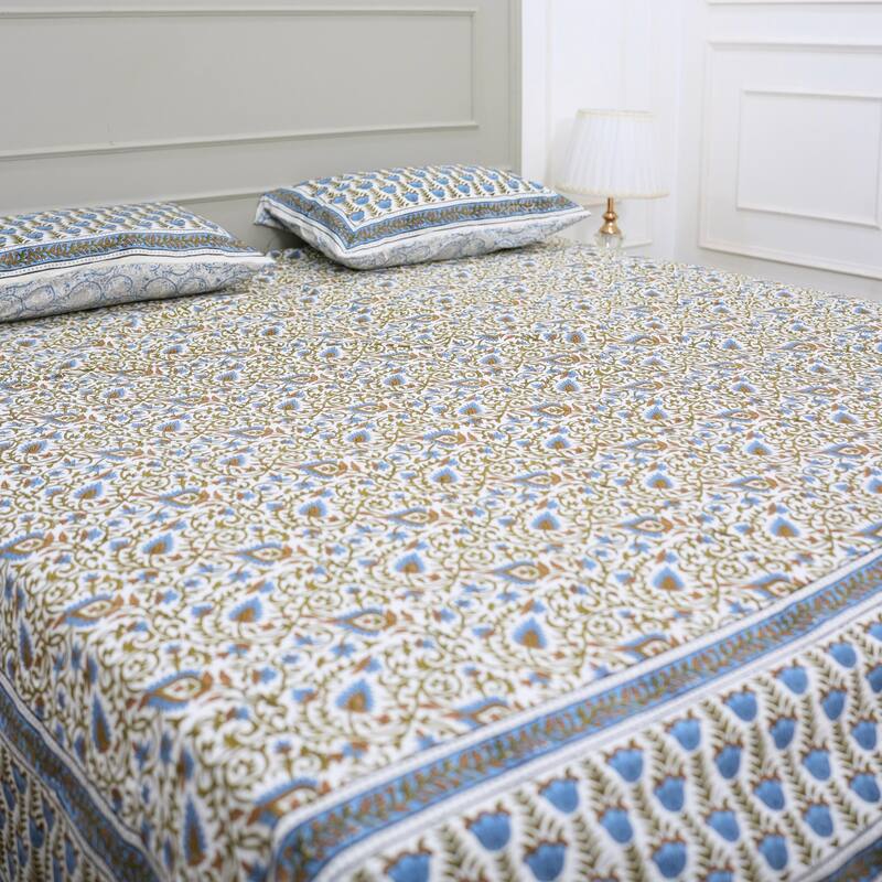 Fabdivine Handmade Block Print Flat Sheet or Bed Sheet Cotton Fabric Floral Home Decor