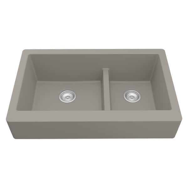 slide 44 of 58, Karran Retrofit Apron-Front Quartz Double Bowl Kitchen Sink Concrete