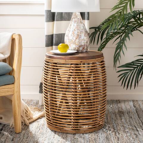 SAFAVIEH Maui Rattan Drum Stool Table -Honey / Brown - 17.7" x 17.7" x 18.9"