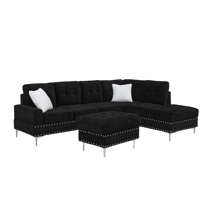 Chenille 3 Seater Couch L-shaped Sectional Sofa with Reversible Chaise, Storage Ottoman, Metal Legs, Copper Nails and 2 Pillows