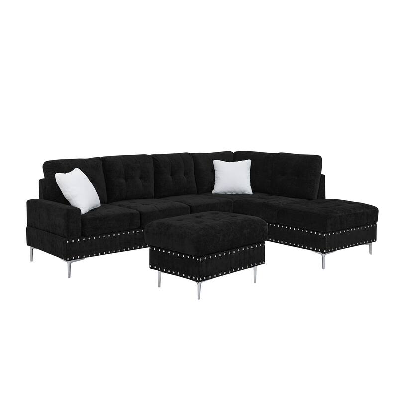 Chenille L-Shaped Sectional Sofa with Chaise & Storage Ottoman, Corner Sofa with 2 Pillows, Metal Legs & Copper Nails