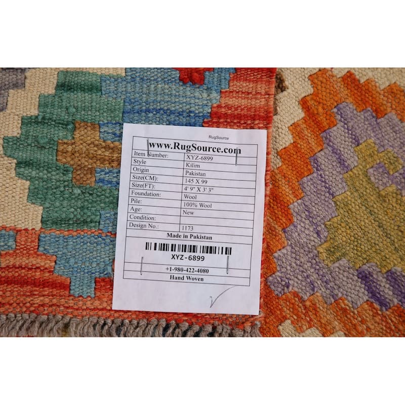 Geometric Kilim Area Rug Hand-woven Wool Carpet - 3'3" x 4'9"