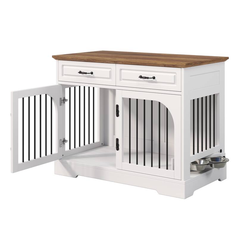 43.3" Dog Crate Furniture, Heavy Duty Indoor Dog Kennel with 2 Storage Drawers, Dog Cage with Side Doors for Medium Large Dogs