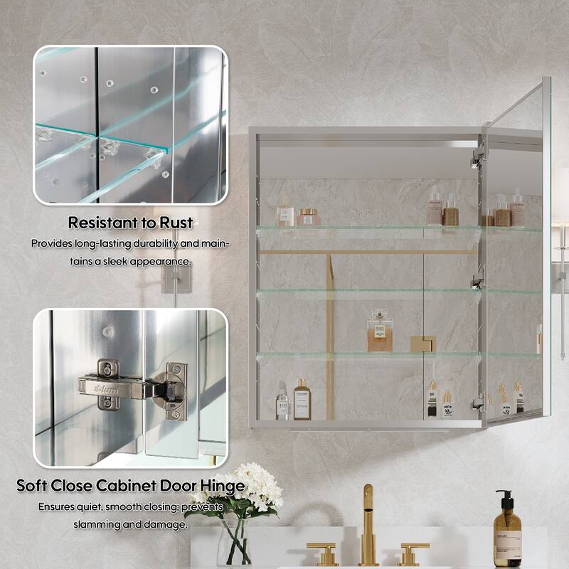 Recessed or Surface Wall Mount Bathroom Medicine Cabinet With Adjustable Glass Shelves