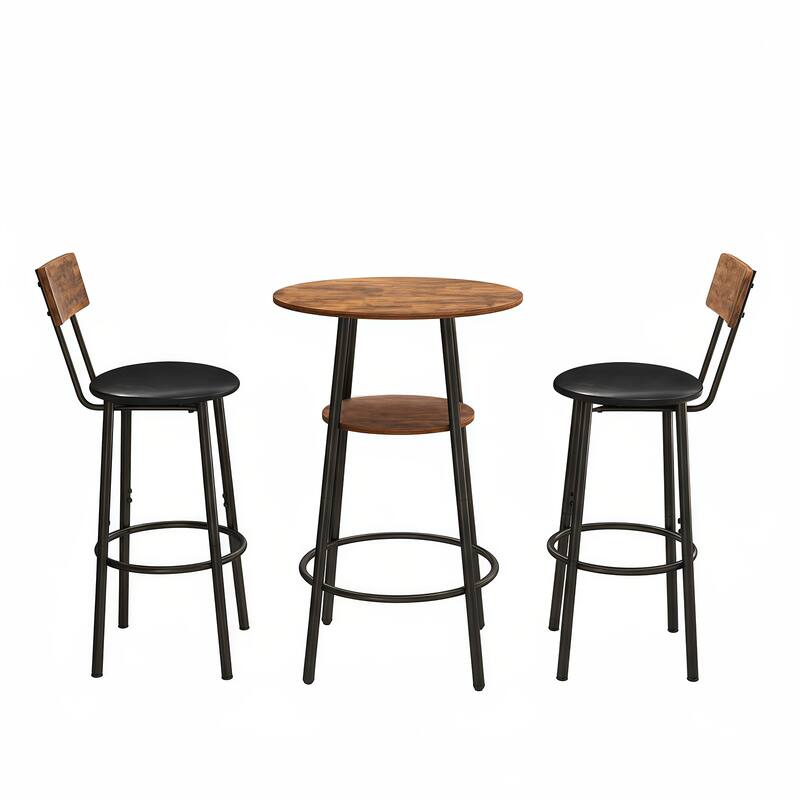 3 Pieces Round Bar Table and Chairs Set, Small Dining Table for 2 with 2-Tier Storage & 2 PU Upholstered Bar Stools