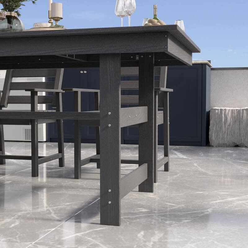 Outdoor Dining Table and Chair Set: HDPE Material, Wood - Grain Design