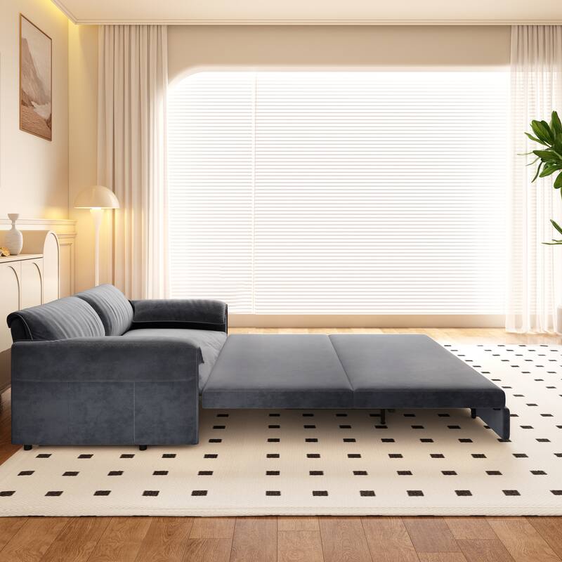 Pull Out Sofa Bed, 3-in-1 Convertible Sleeper Sofa with Side Storage, Velvet Loveseat Bed Chaise Sofa