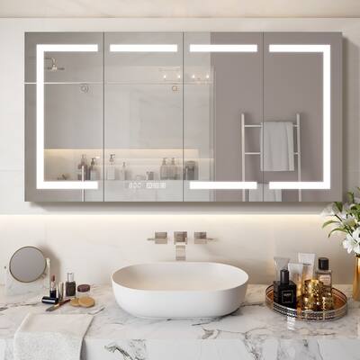 32"H Recessed or Surface Mount LED Medicine Cabinet With Clock,Temperature,Anti Fog Function,Double Open