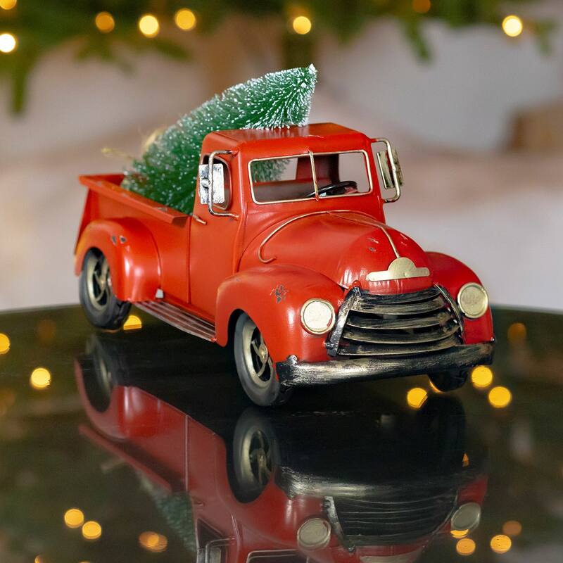 15" Distressed Red Iron Pickup Truck with Christmas Tree - Small