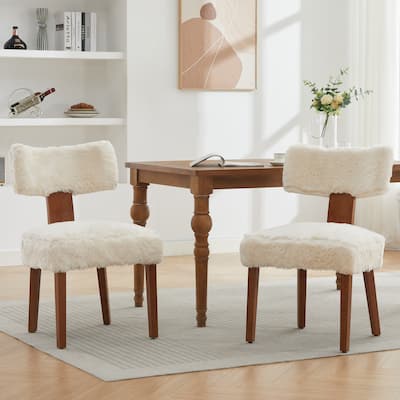 Set of 2 Fur Fabric Modern Armless Dining Chairs With Curved backrest and Solid Wooden Legs for Dining Room Living Room