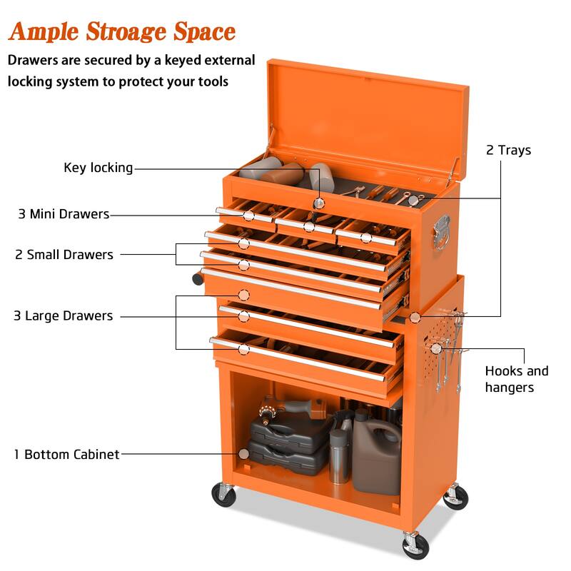 8-Drawer Rolling Tool Storage Cabinet with Detachable Top Tool Box