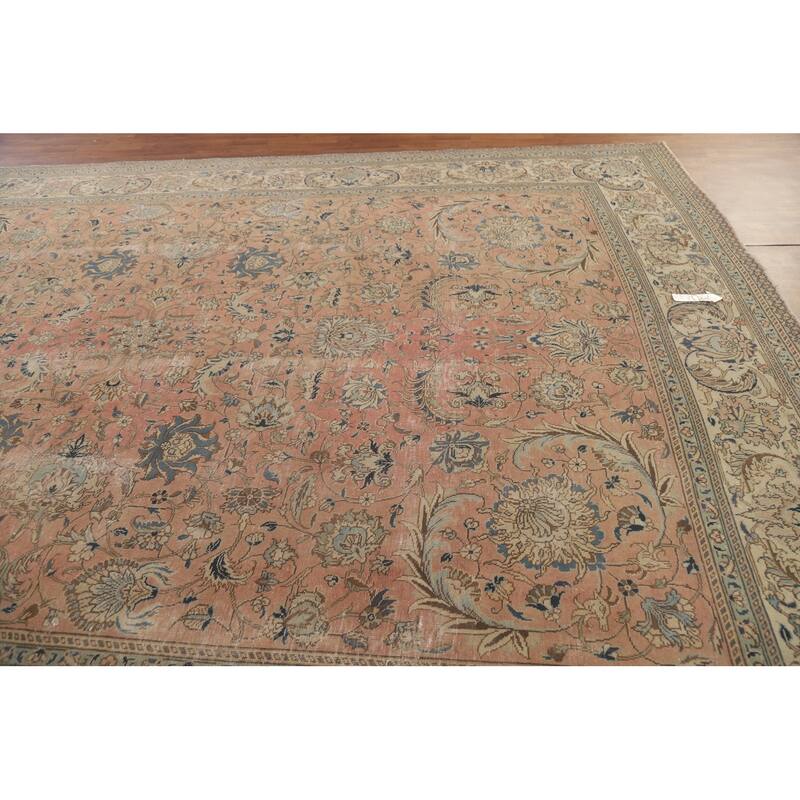 Hand Knotted Oriental 100% Wool Carpet Traditional All-Over Coral Tabriz Area Rug - 12' 6'' X 9' 2''