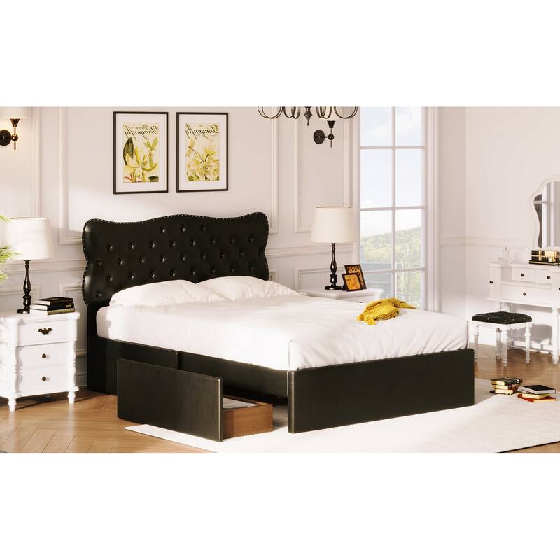 Full/Queen Size Bed Frame with 4 Storage Drawers, Heavy Duty Leather