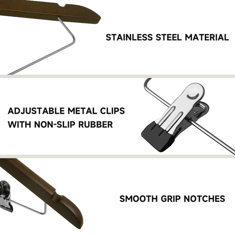 BP4U Solid Wood Hangers with Adjustable Metal Clips, Wooden Hangers for Coats, Jackets, Pants, Dresses, Skirts, and Suits