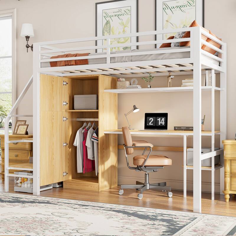 Twin Size Loft Bed with Storage Ladder, Metal Loft Bed Frame with Large Wardrobe & Desk for Teens Kids, No Box Spring Needed