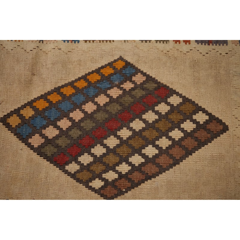 Kilim Qashqai Persian Vintage Rug Hand-Woven Beige Wool Carpet - 5'5"x 8'3"