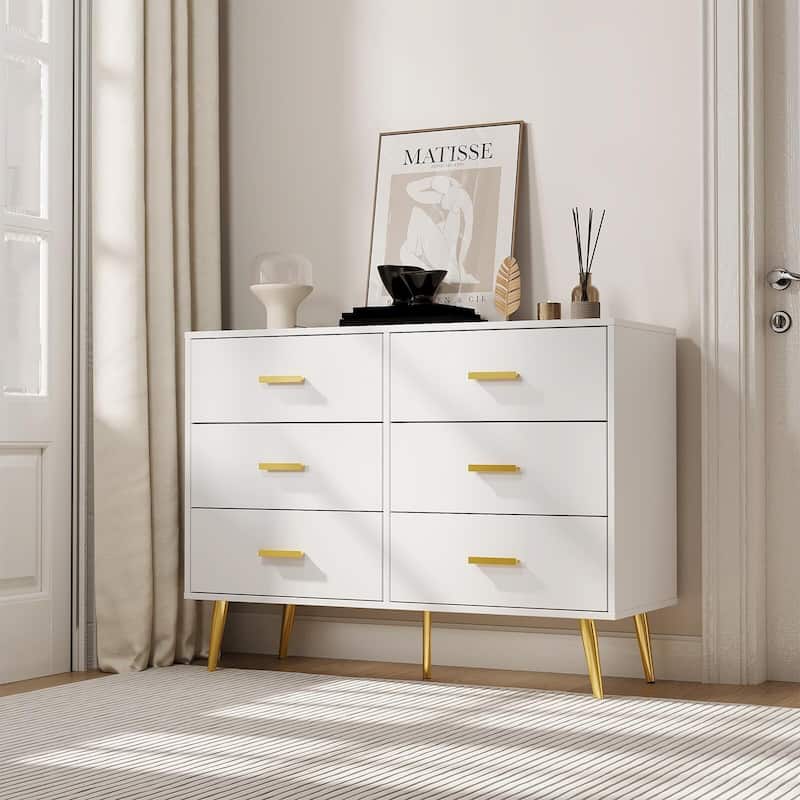 Modern 6 Drawer Dresser in White and Black, Featuring Gold Handles, Wide Wooden Drawers for Bedroom - White