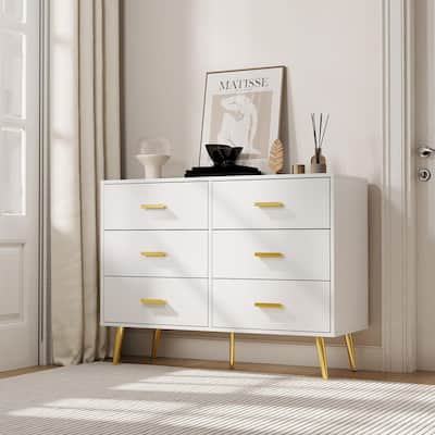 Modern 6 Drawer Dresser in White and Black, Featuring Gold Handles, Wide Wooden Drawers for Bedroom