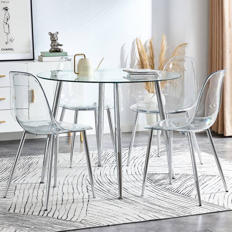 5-Piece Dining Table Set.A 38.6" Transparent Tempered Glass Round Dining Table with 4 Transparent Plastic Dining Chair