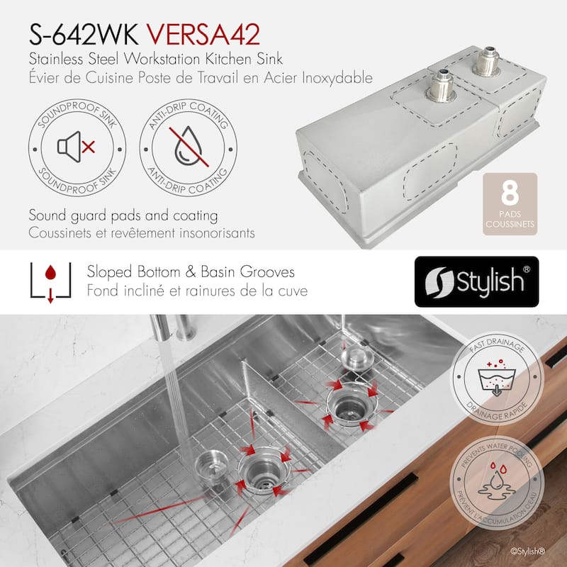 STYLISH 42 inches Workstation 70/30 Double Bowl Undermount 16 Gauge Stainless Steel Kitchen Sink with Accessories included