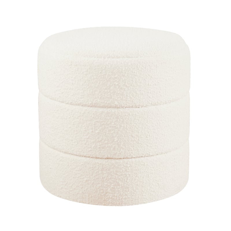 Sem Round Accent Ottoman, Cream White Chanel Stitched Boucle 18 Inch