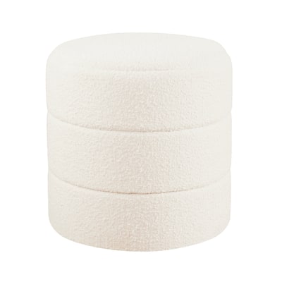 Sem Round Accent Ottoman, Cream White Chanel Stitched Boucle 18 Inch