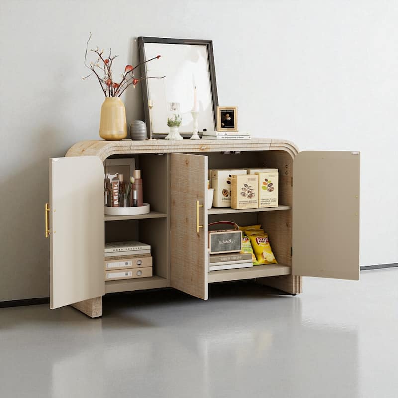 47" Retro Curved Sideboard with Gold Handles, Adjustable Shelves, Fir Veneer Cabinet for Dining or Entryway