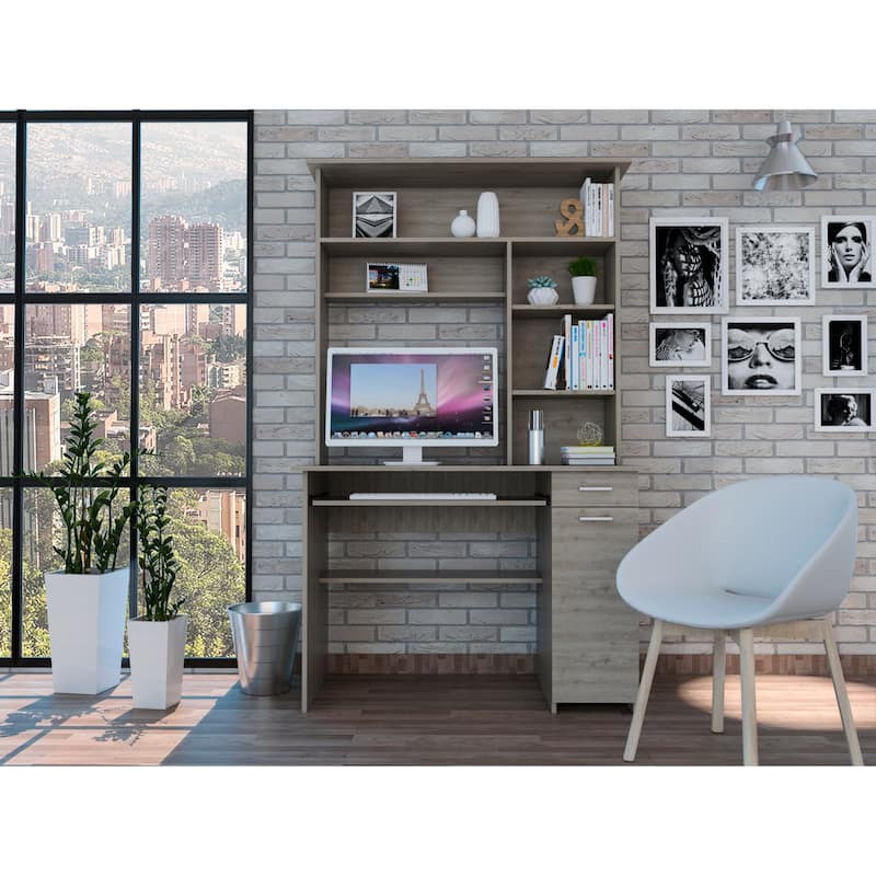 FM Furniture Weston Two Writing Computer Desk, Hutch, Single Drawer and Cabinet, Six Shelves