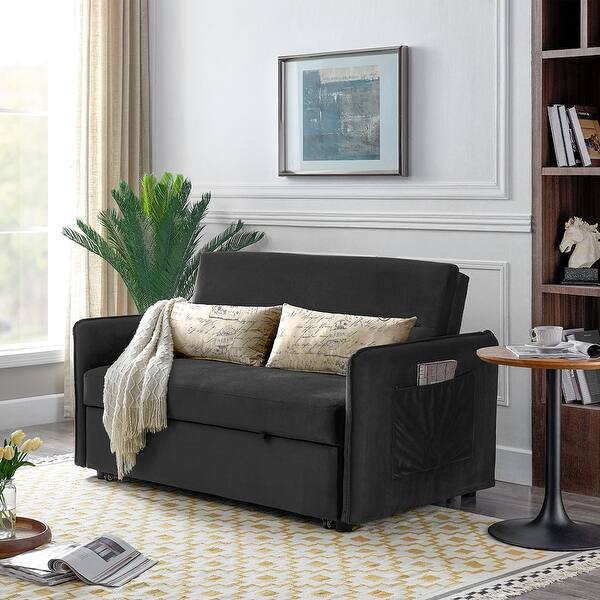 slide 1 of 23, Modern Pull-Out Sleeper Bed with 2 Pillows Adjustable Backrest Black