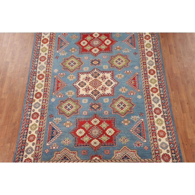 Blue Kazak Oriental Area Rug Hand-Knotted Wool Carpet - 6'7" x 9'10"