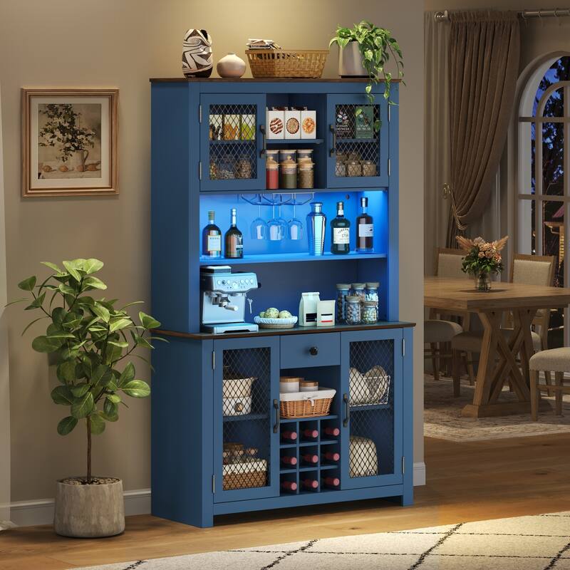 Kitchen Pantry Cabinet with LED Light, Built-in Power & USB Outlets, Kitchen Hutch Cabinet with Doors, Wine Rack & Shelves