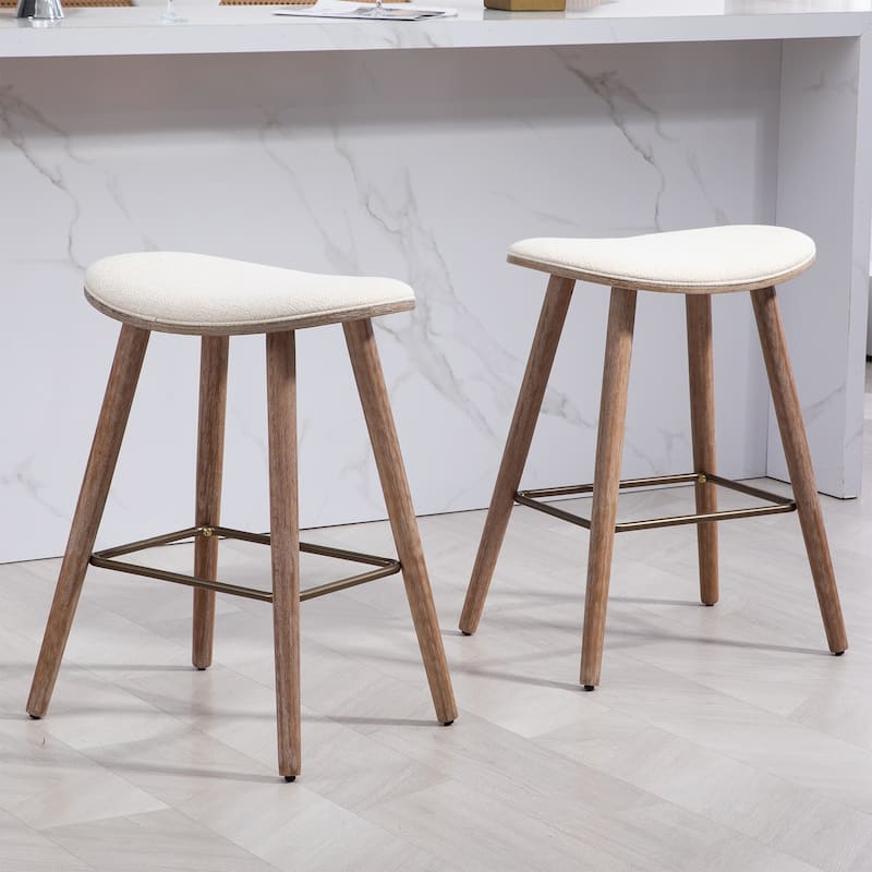 Set of 2 Beatriz Beige Woven Fabric Counter Stool with Wood Legs