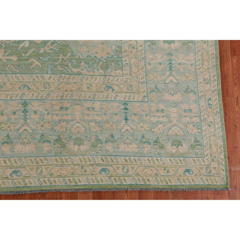 Hand Knotted Oriental 100% Wool Carpet Transitional All-Over Green Oushak Area Rug - 11' 10'' X 9' 0''