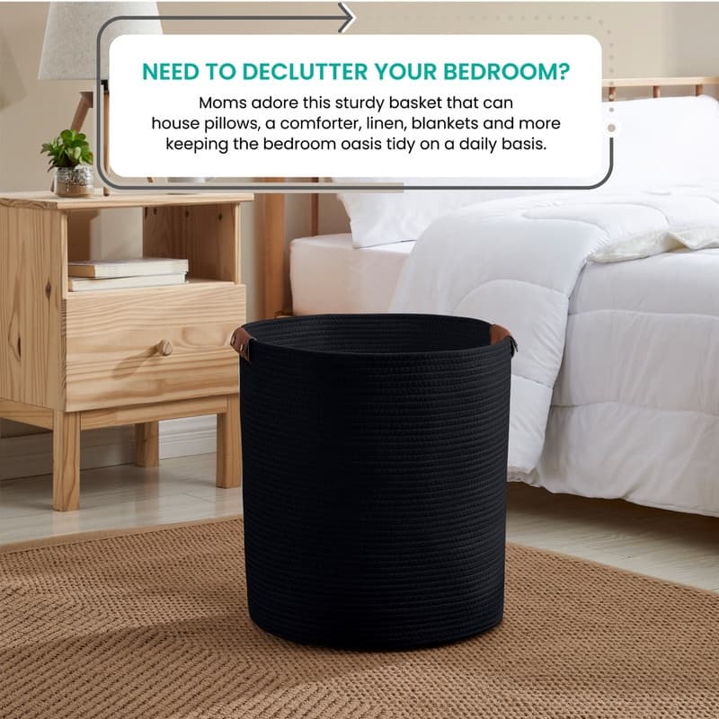 Large Cotton Rope Storage Basket Laundry Hamper Woven Basket with Leather Handles -16 x 18 - 16" x 16" x 18"