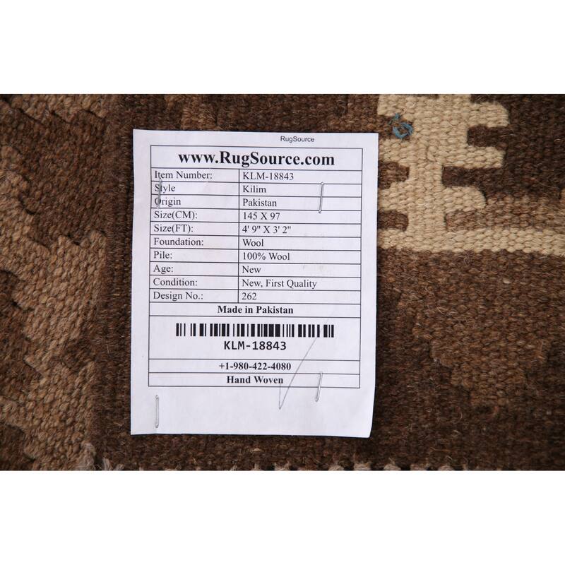 Brown Reversible Kilim Area Rug Hand-woven Wool Carpet - 3'2" x 4'9"